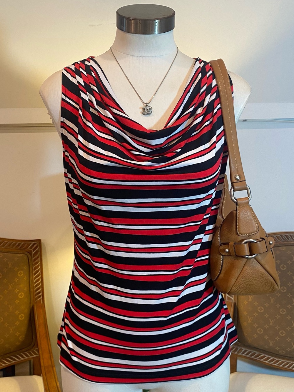Calvin Klein Red, Black & White Striped Sleeveless Cowl Neck Top, Size Medium